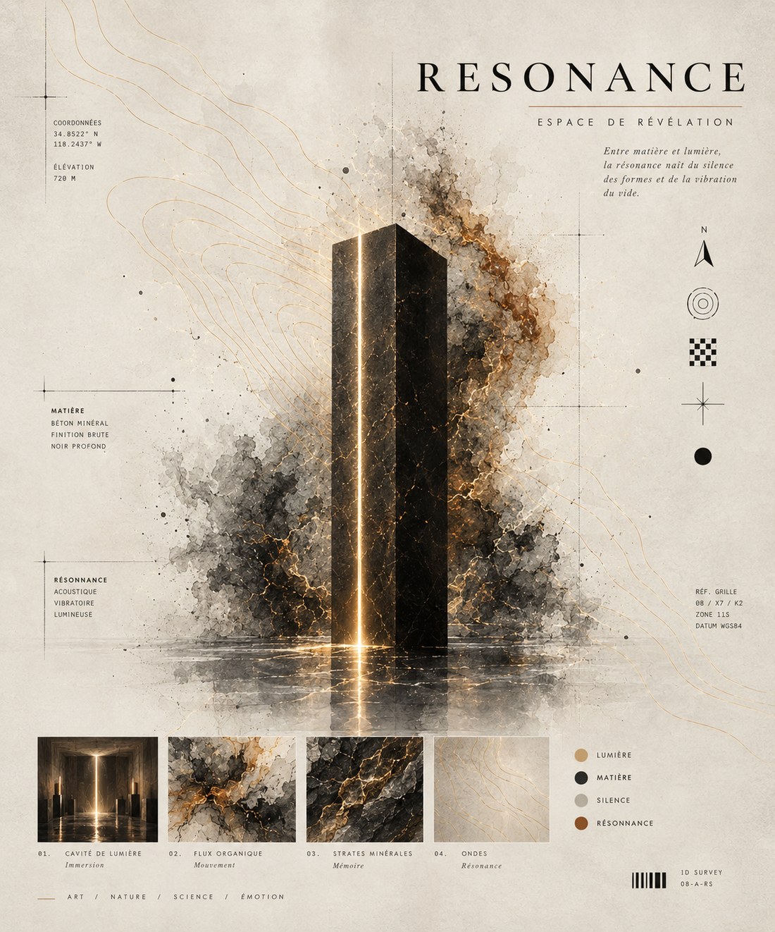 Planche d'étude : la stèle de béton minéral, son joint de lumière et son reflet dans le miroir d'eau