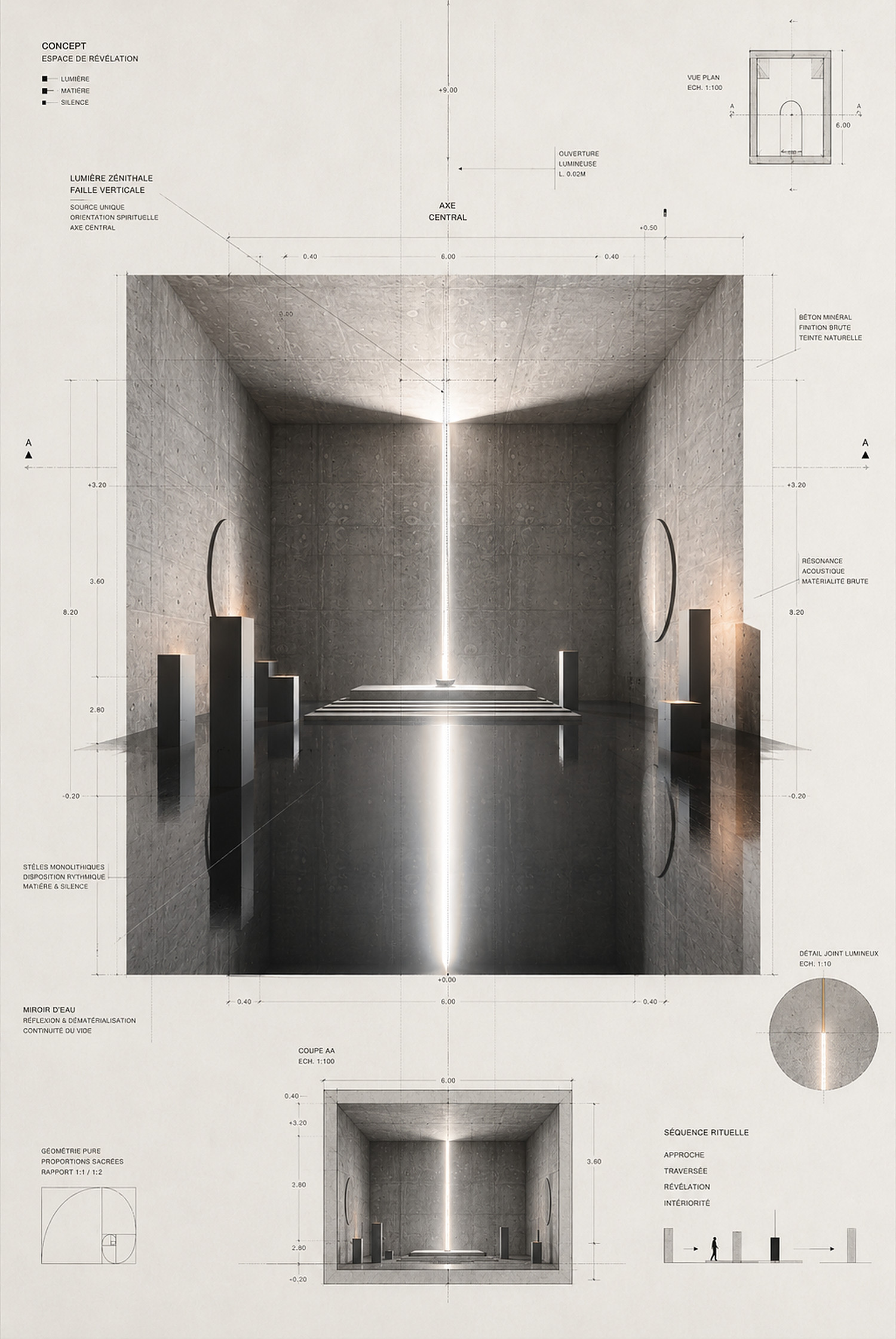 Planche d'architecture : élévation, coupe AA, vue en plan et détail du joint lumineux
